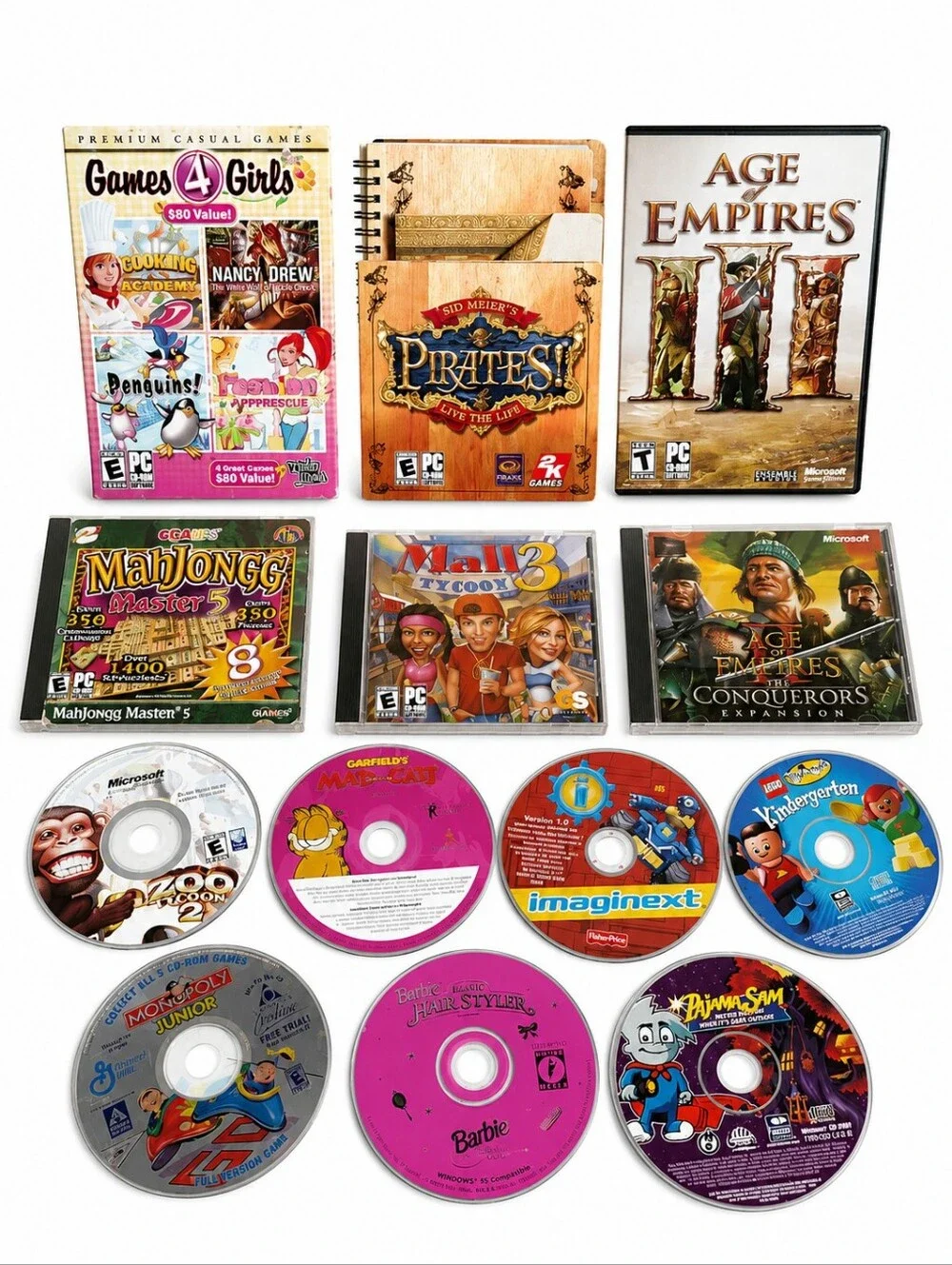 Large Lot Vintage Used PC Computer Games -Mall Tycoon, Age Of Empires, Barbie+
